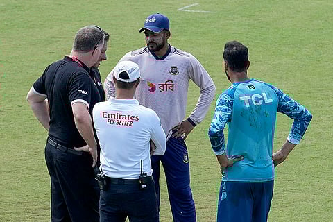 Pakistan vs Bangladesh 1st Test Day 1: Umpire Richard Kettleborough talks with Bangladesh's skipper Najmul Hossain Shanto, and Pakistan captain Shan Masood